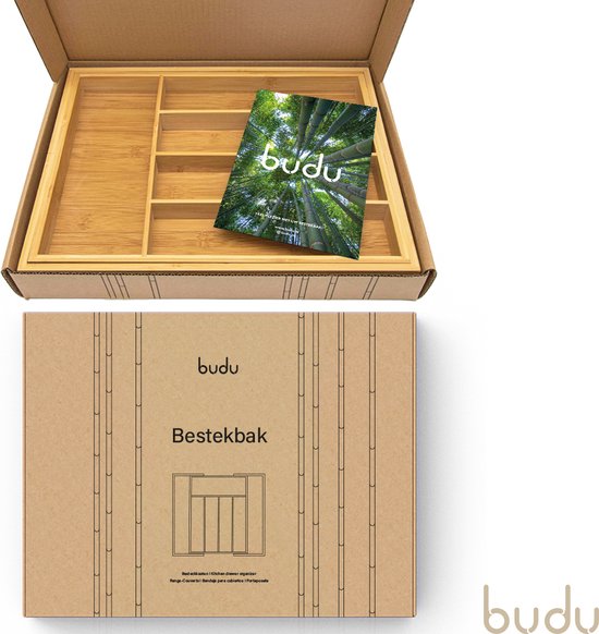 Budu Plateau à couverts extensible en bambou #38 (38 cm de profondeur) - Cassette à couverts en bois - Tiroir à couverts - 38 x 29.5 - 47.8 cm - 5/7 compartiments