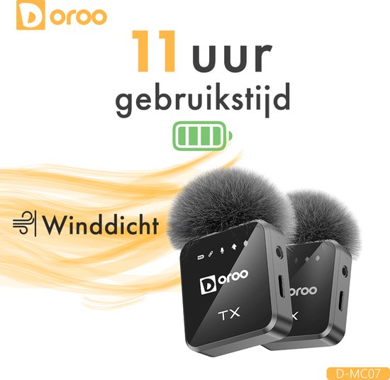 Microphone sans fil professionnel Doroo® - Lot de 2 - Micro-cravate - Bonnettes anti-vent - Batterie longue durée - Épingle de cravate - Son de qualité professionnelle - Micro sans fil USB-C/Lightning/AUX pour iPhone et Android - Plug & Play - Garantie de