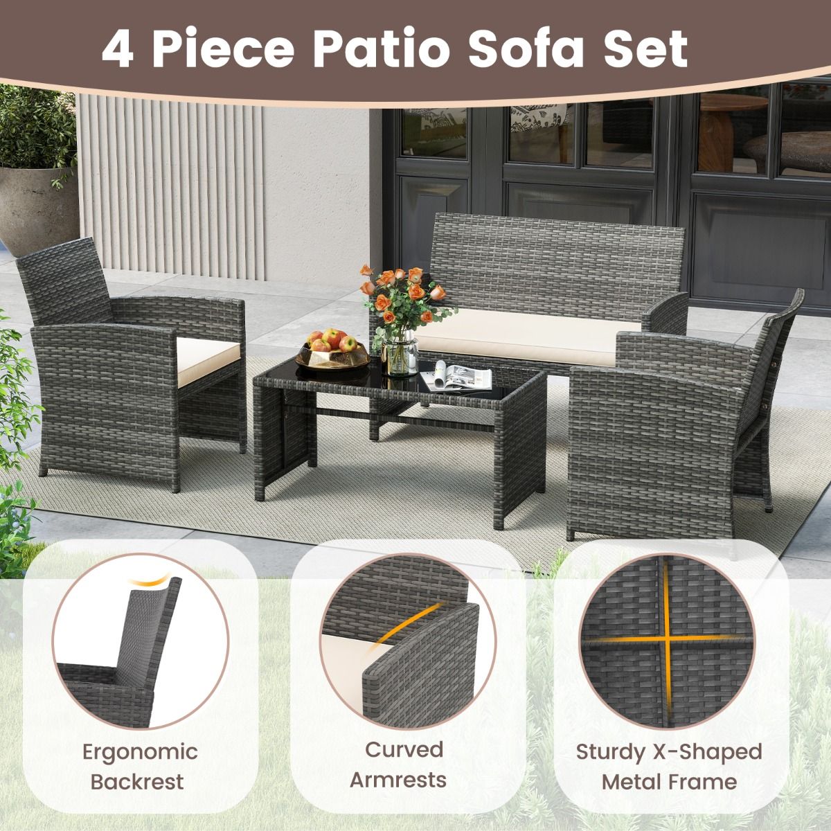 Ensemble de mobilier de jardin Coast 4 pièces - ensemble de salon en rotin avec coussins blancs - table avec verre de sécurité - gris