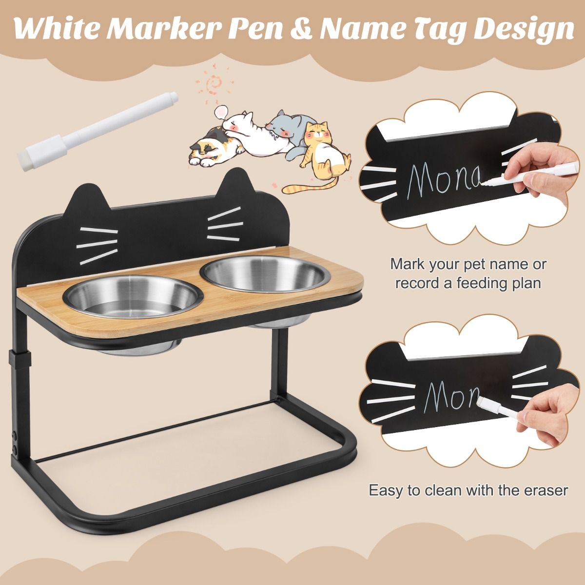 Station d'alimentation surélevée Coast pour chats et chiens - 43 x 22 x 33-38.5 cm - Noir et naturel - Hauteur réglable avec 2 bols en acier inoxydable