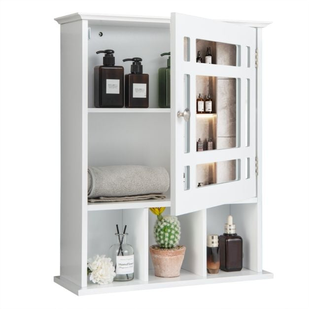 Coast Bathroom Wall Storage Cabinet Mirror Cabinet Wooden Hanging Medicine Cabinet with Adjustable Shelf and 3 Open Compartments White (Armoire à pharmacie suspendue en bois avec étagère réglable et 3 compartiments ouverts)