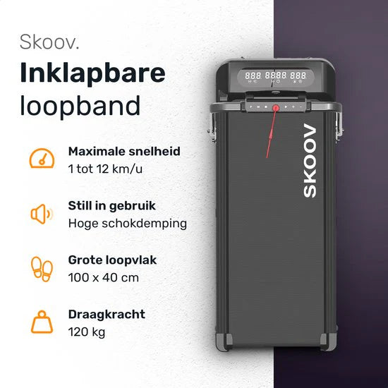 Tapis de course - Skoov - Pliable - 12 km/h - Max 100 kg - 110 x 40 x 105 cm - Noir
