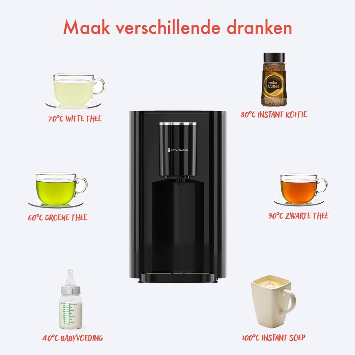 KitchenBrothers Distributeur d'eau chaude - 2.9L - Ecran tactile - Robinet d'eau chaude - 2600W - Noir