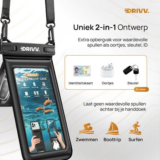 Étui étanche 2-en-1 Drivv Luxe pour téléphone - Flottant - Double fermeture à clip - Pour téléphones jusqu'à 7 pouces - Noir