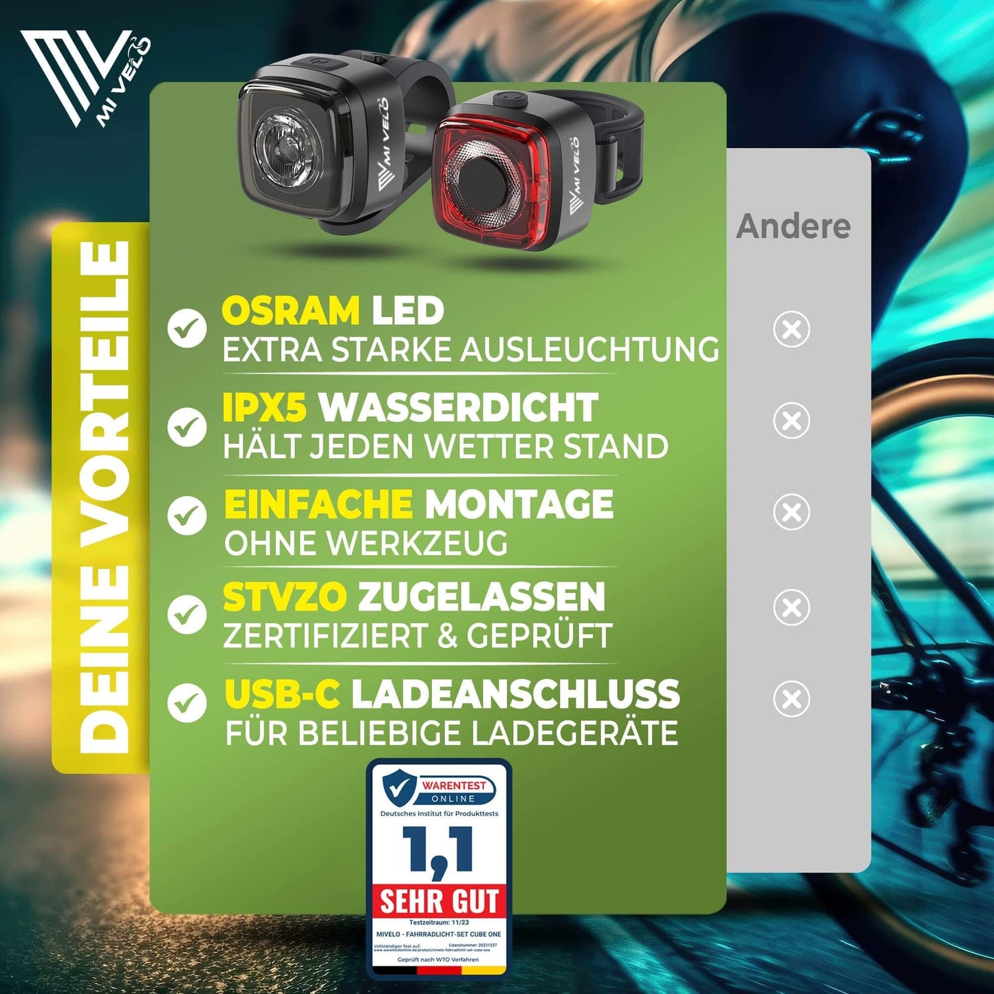 MIVELO Kit d'éclairage pour vélo Cube One LED - rechargeable par USB - approuvé par StVZO