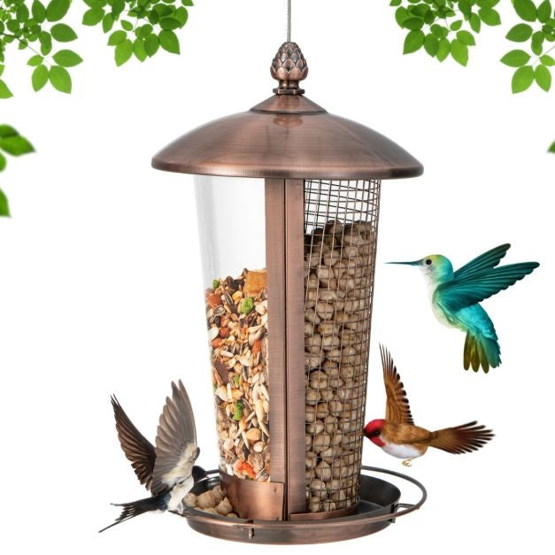 Mangeoire à suspendre 2 tubes pour différentes graines d'oiseaux Distributeur de nourriture pour oiseaux en métal Mangeoire pour oiseaux