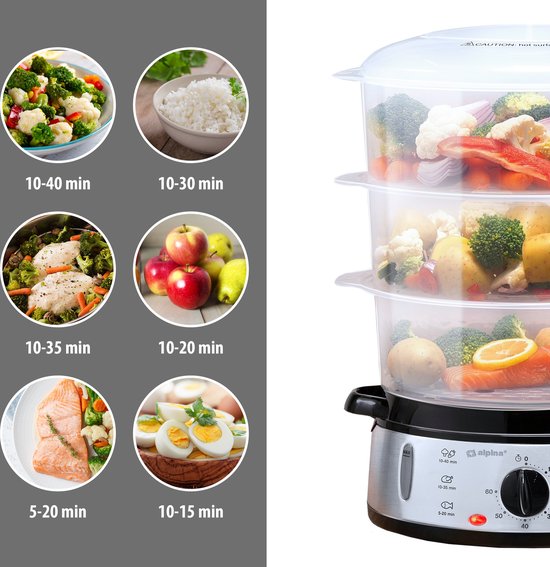 Cuiseur vapeur Alpina 9 L - Cuiseur vapeur 800 W - Cuiseur vapeur avec minuterie et fonction de maintien au chaud - Cuiseur vapeur à 3 niveaux - Cuiseur vapeur pour légumes, riz, poulet, fruits, poisson et œufs - Acier inoxydable