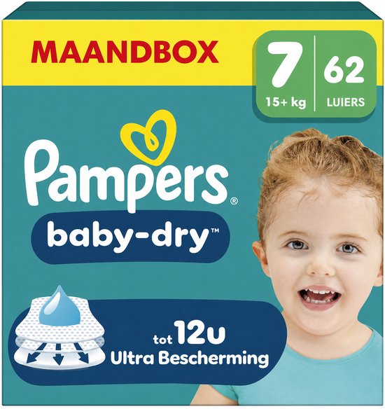 Pampers Baby-Dry taille 7 - 62 couches - 15 kg et plus - Coffret mensuel