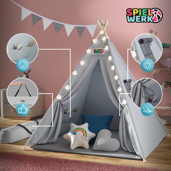 Spielwerk Tente de jeu - LED 3 coussins tendeurs 130x130x160cm - Gris