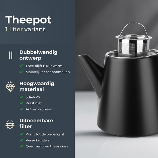 Théière Castagnola avec filtre - Théière à double paroi - Thermos en acier inoxydable - Pichet isotherme 1 L - acier inoxydable - Noir