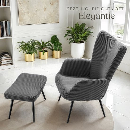 tectake® Ear Armchair with Hocker - Fauteuil scandinave Teddy Bouclé - Chaise de salon et de séjour - Pieds en métal noir - Capacité 150kg - Velours côtelé - Gris