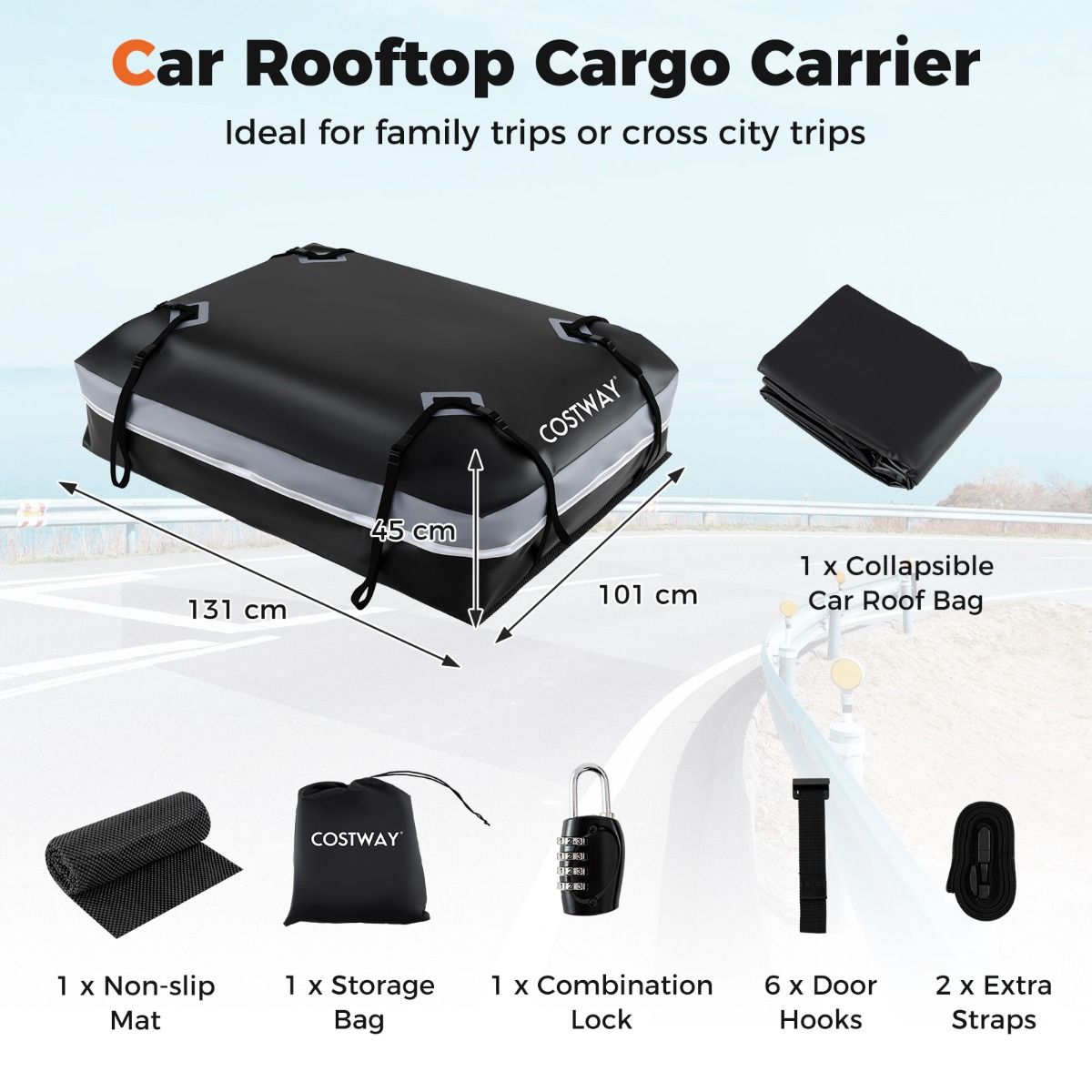 Coffre de toit Coast pour voiture - 600 L - Étanche et antidérapant - Gris