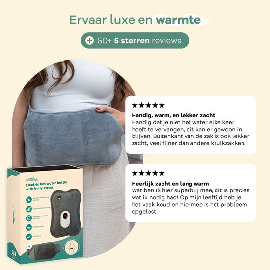 Bouillotte électrique Zenwave avec housse - Écran numérique - Bouillotte et bouillotte à eau avec chauffe-mains - Coussin chauffant rechargeable - Ceinture chauffante pour les règles - Durable et sans fil - Camping et plein air - Bouillotte grise