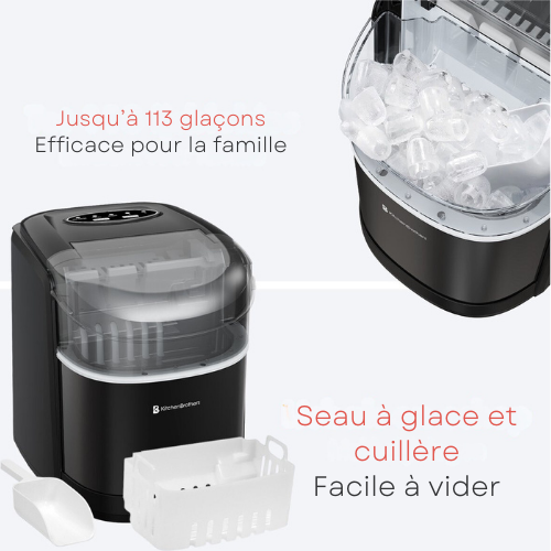 Machine à glaçons 1.6L avec pelle à glace KitchenBrothers 12kg/24h, acier inoxydable