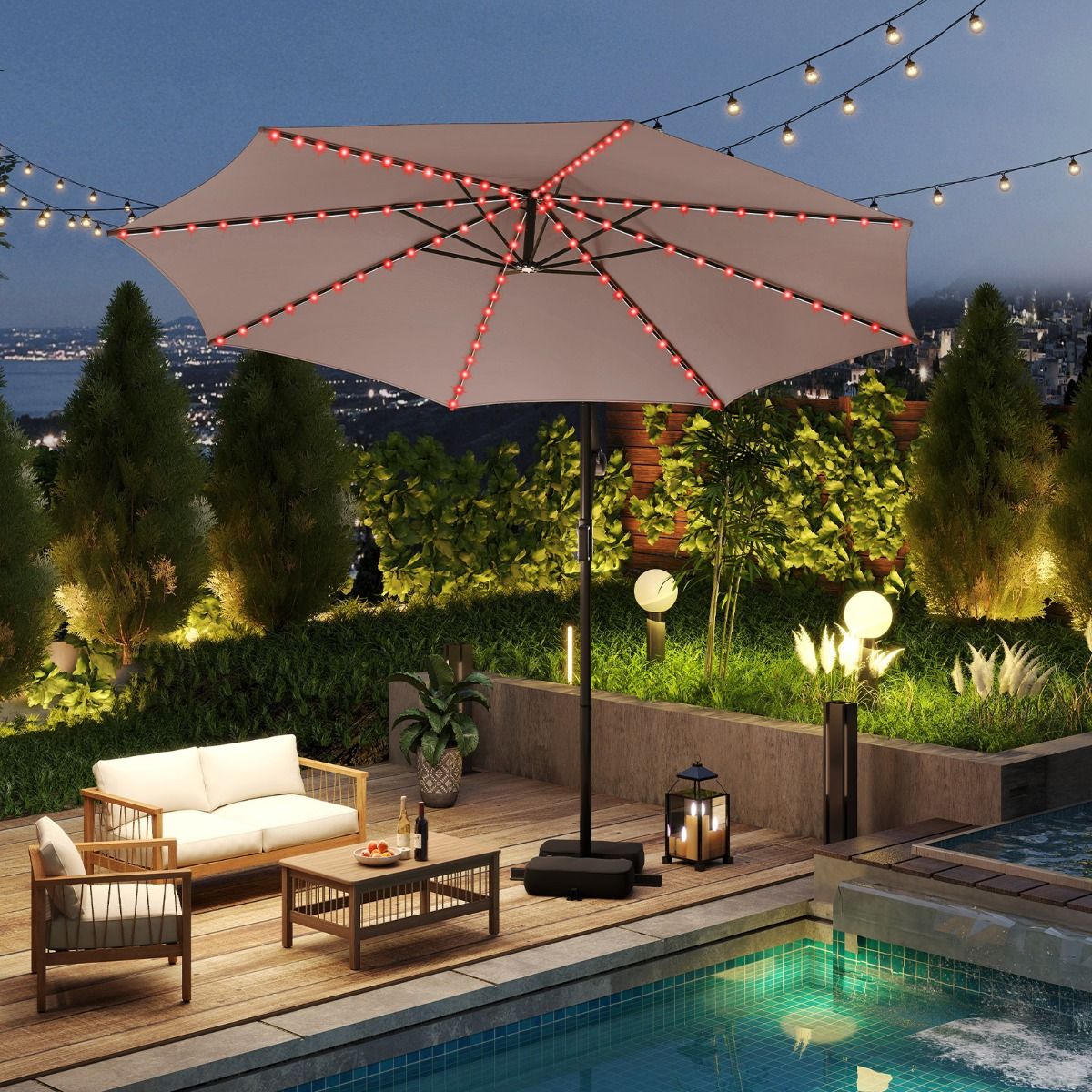 Parasol suspendu Coast avec éclairage LED - 9 modes d'éclairage - avec sacs de sable et balancier - marron - 300 x 260 cm