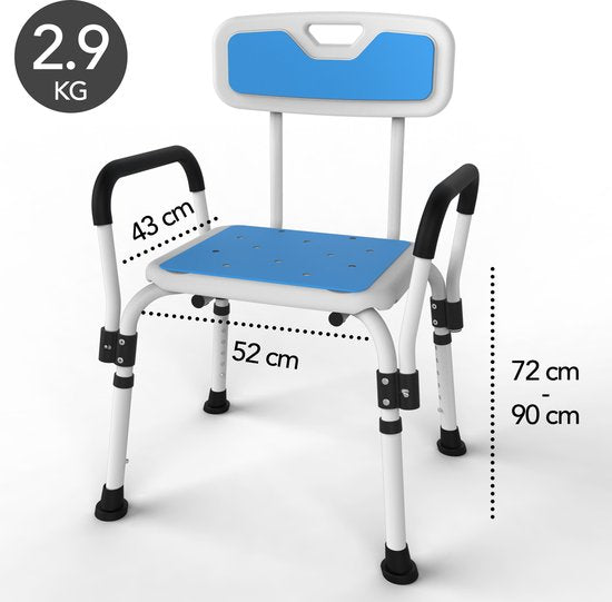 Brixy Chaise de douche avec dossier et accoudoir amovibles - Antidérapant - Hauteur réglable - Max. 150 kg - Tabouret de douche - Chaise de salle de bain