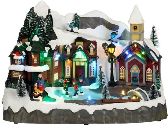 Luville Village de Noël miniature - Place du village - Décoration de Noël avec des habitants qui patinent - Décoration de Noël avec éclairage LED et figurines tournantes - L 34 x l 18 x H 24 cm - Blanc