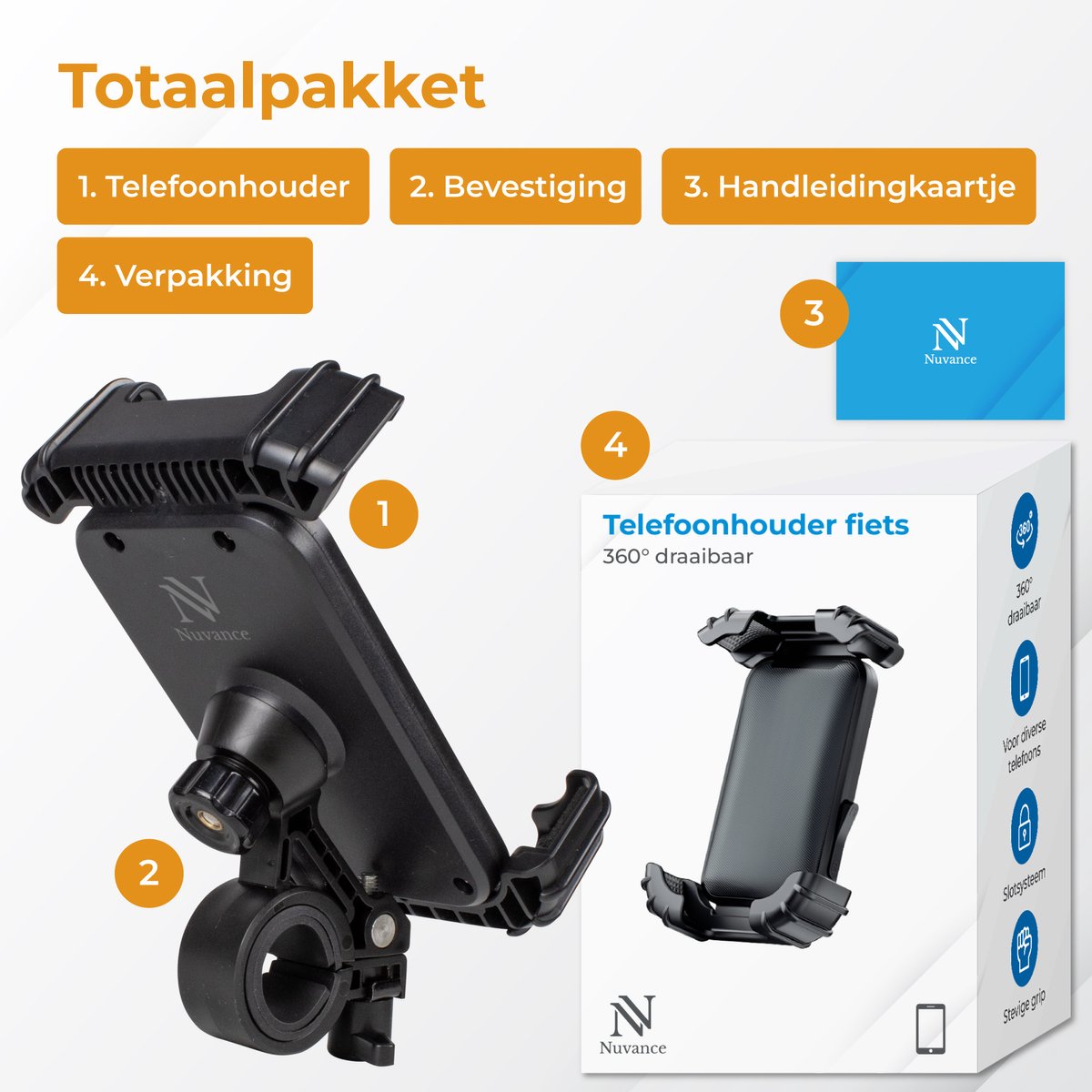 Support de téléphone pour vélo Nuvance - Rotation à 360° - Pour écrans de 4,7 à 6,8 pouces - Noir