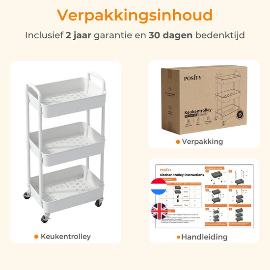 Posity Chariot de cuisine sur roulettes - Chariot de service / Chariot de stockage / Rayonnage de cuisine / Chariot de cuisine - Mobile et fixe - 3 étages - Plastique - Blanc