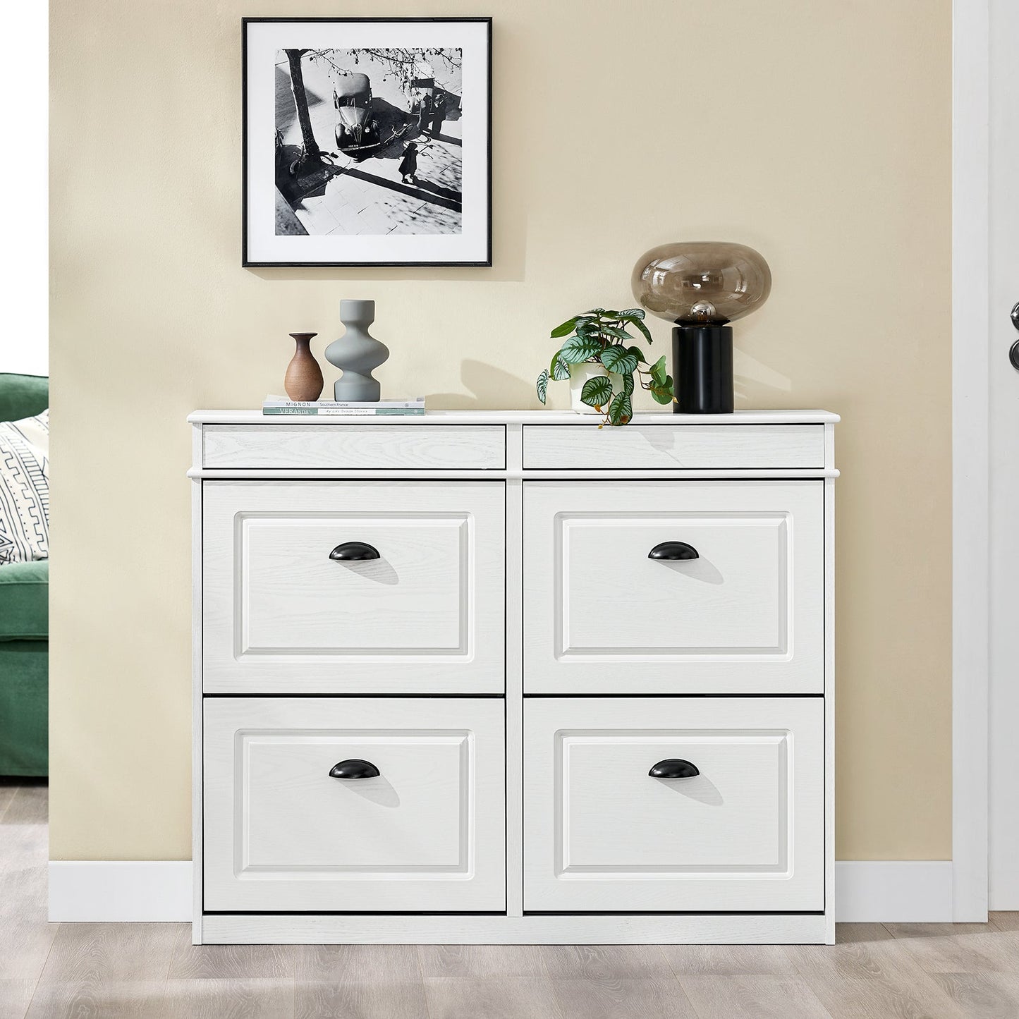 SoBuy Armoire à chaussures FSR79-WG - 4 volets - 103 x 23 x 82 cm - Blanc avec effet bois antique - Support pour 16 paires de chaussures