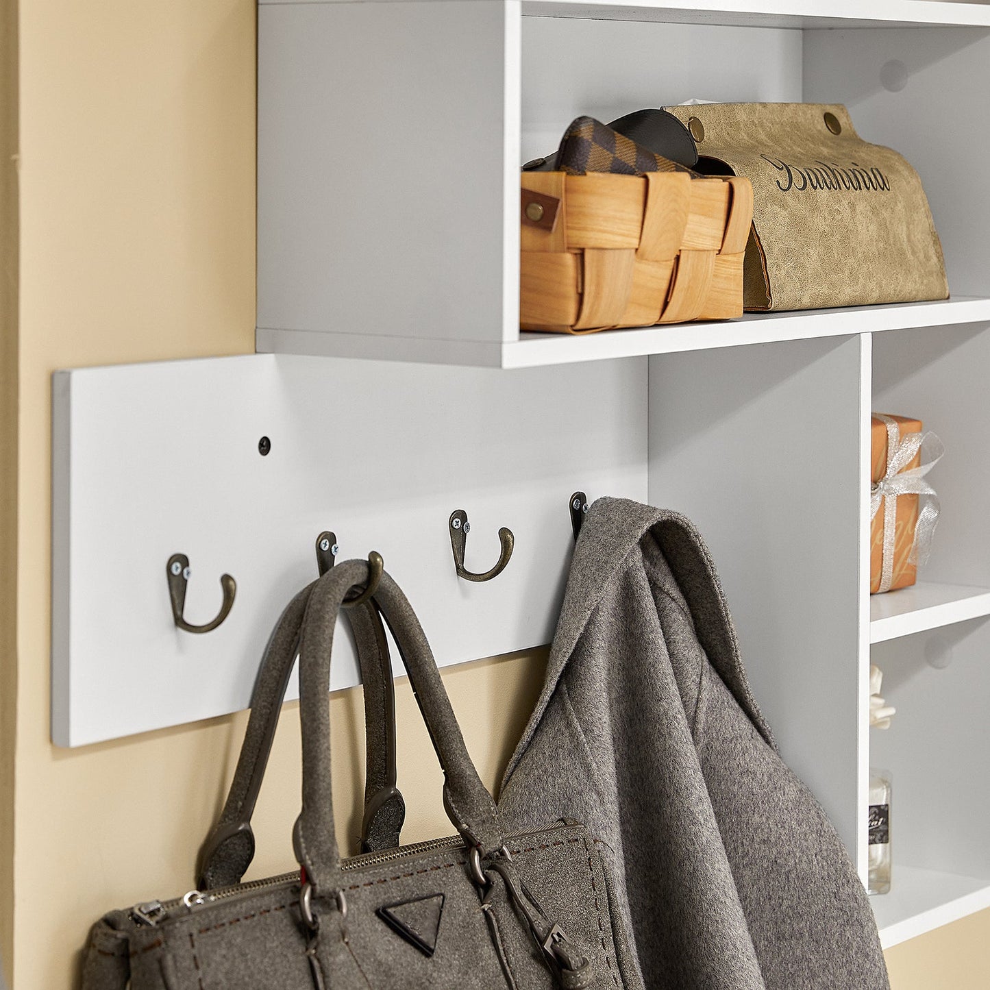 SoBuy FHK17-W Porte-manteau Etagère murale - Penderie avec 5 compartiments et 4 crochets - 110x15x53 cm - Blanc