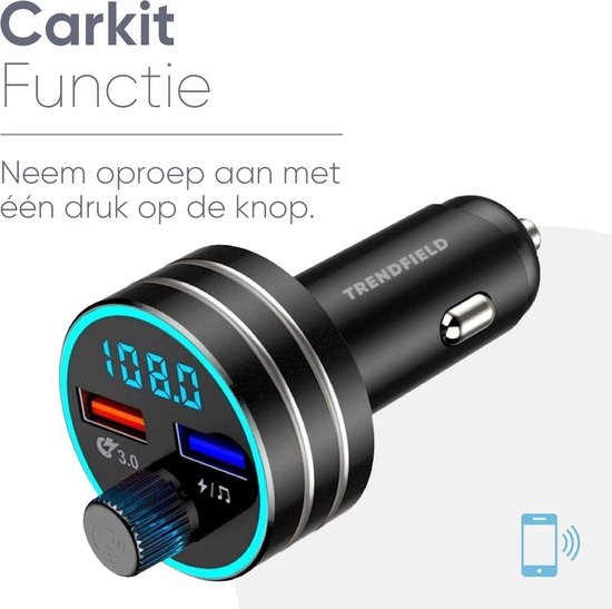 Trendfield Transmetteur FM Bluetooth 5.0 - Carkit USB 3.0 Chargement rapide - Accessoires voiture - Ecoutez de la musique sans fil via Spotify ou Youtube