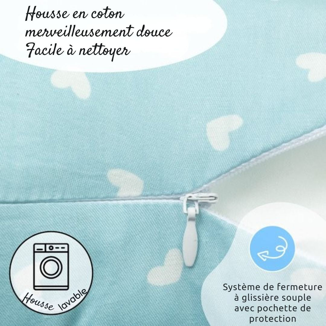 Coussin d'allaitement - de grossesse - Ella- soie - Bleu avec des cœurs