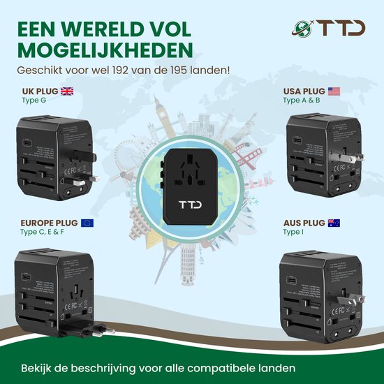 TTD® World Universal Plug - Prise de voyage de type A B C E F G I avec USB-C et charge rapide 4x USB-A - Convient pour l'Amérique, l'Australie, l'Angleterre et le Japon, entre autres - Adaptateur de voyage - Travel Adapter