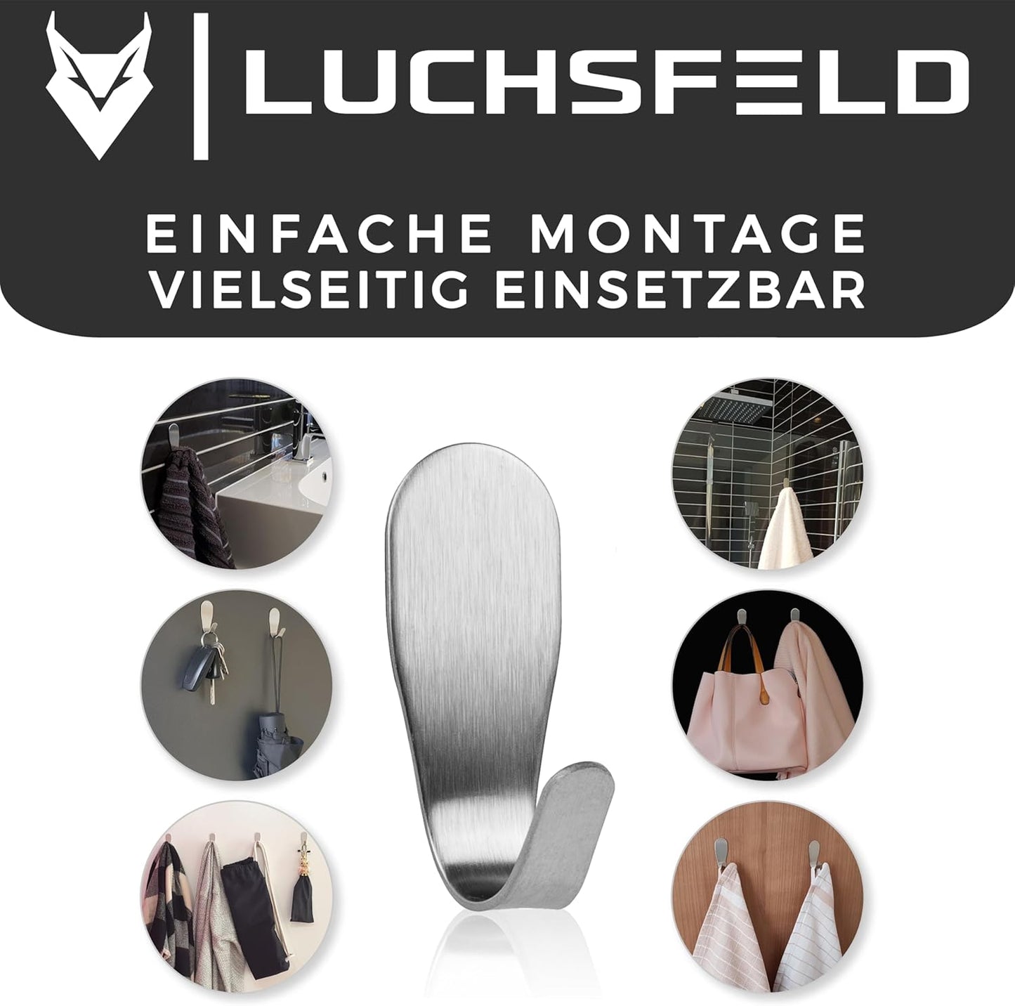 LUCHSFELD Lot de 4 crochets à serviettes auto-adhésifs en acier inoxydable - 4,5 x 4,5 cm - Argent - Pour la salle de bains et la cuisine