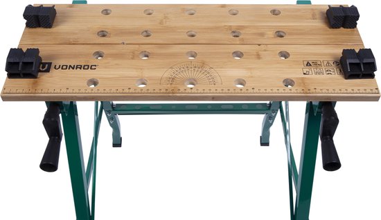 Etabli VONROC - Equipé d'un plan de travail en bambou - Pliable et chargeable jusqu'à 150kg