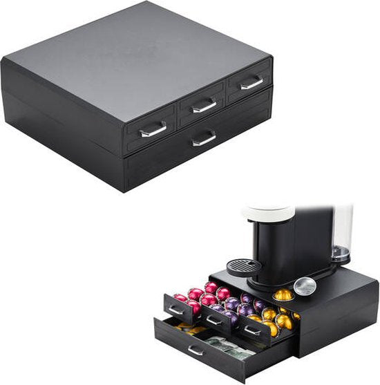 BRASQ Porte-capsules pour tasses Nespresso - pour tasses Dolce Gusto - Jusqu'à 50 tasses - Porte-tasses à café Noir - Boîte de rangement avec 4 tiroirs - Vertuo - K-cup