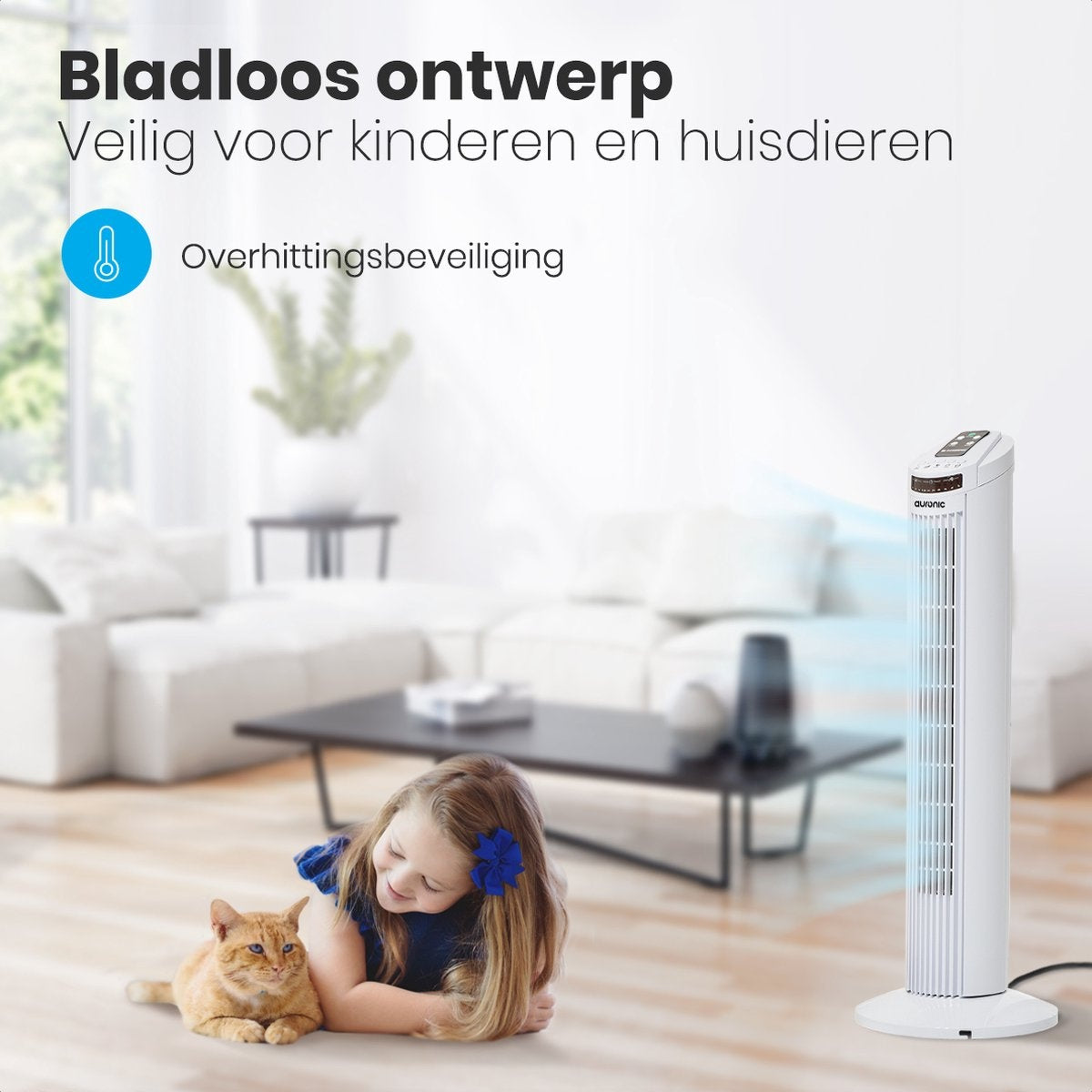 Auronic Tower Fan - Ventilateur sur pied télécommandé - Minuterie - 50W - 45dB - 74cm - Blanc