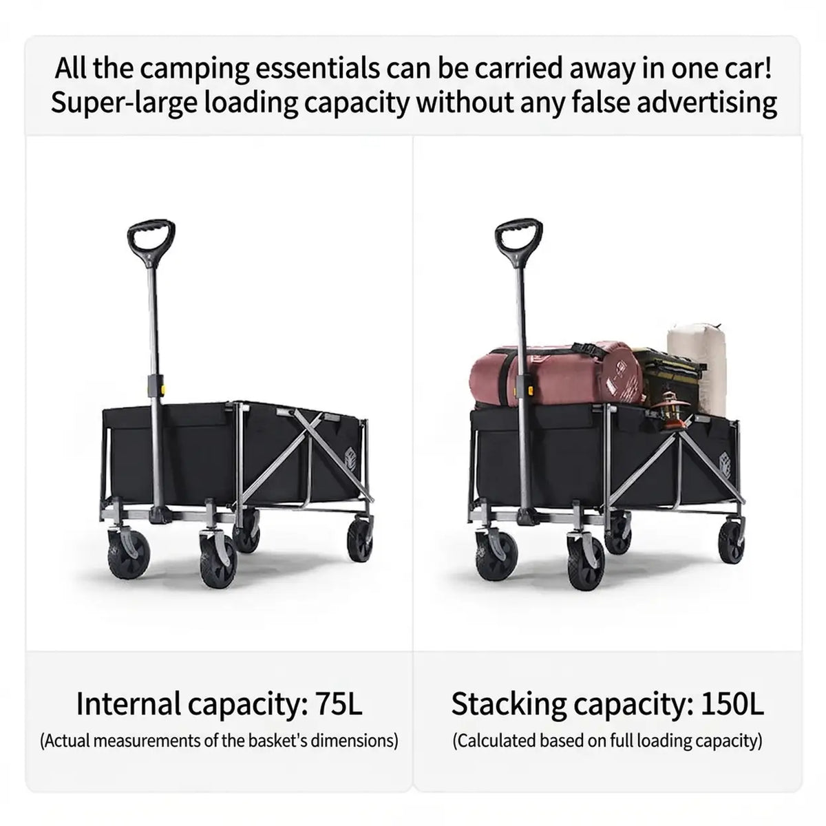 Chariot pliable Ochama 75 L - Noir - Capacité de charge de 100 kg - Roulettes pivotantes à 360° - Pliable