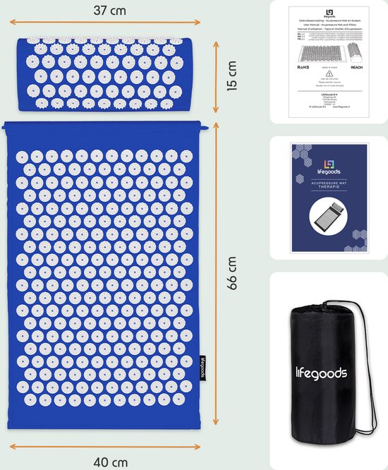 LifeGoods Tapis d'acupression avec coussin - Tapis Shakti - Tapis pour ongles avec 2 balles pour points de déclenchement - 66x40x2cm - Bleu/Blanc