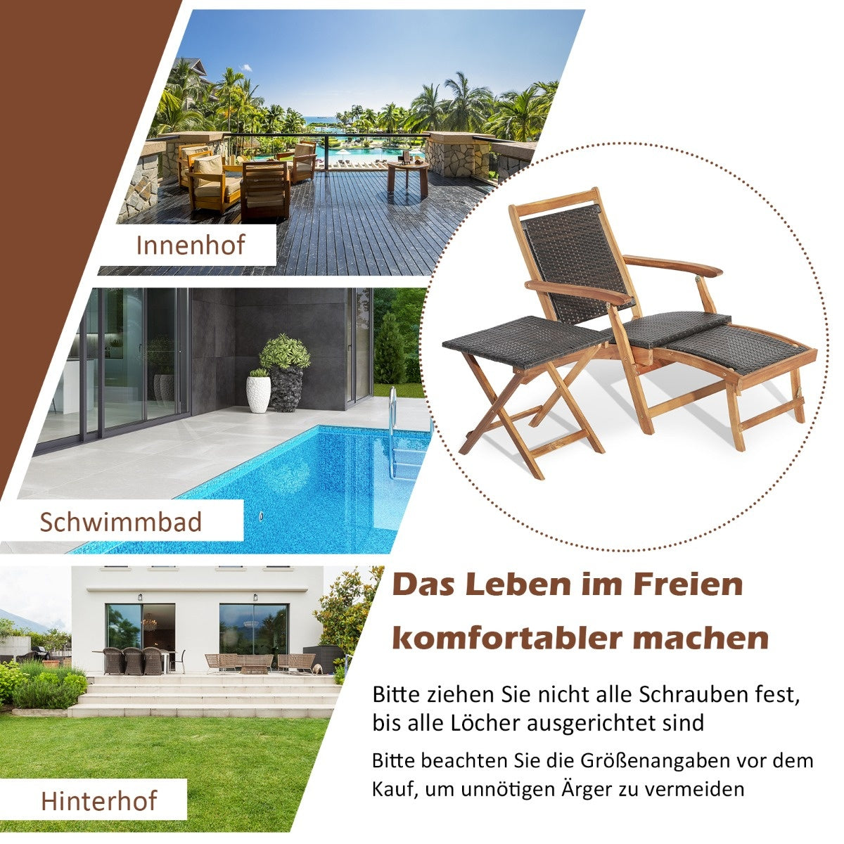Ensemble de meubles de jardin Coast 2 pièces composé d'une chaise avec repose-pieds extensible et d'une table d'appoint en Acacia Wood Brown