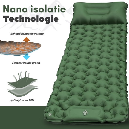 Vertrex Inflate-X1 Matelas de couchage avec pompe intégrée - Lit gonflable - 1 personne - Vert mousse