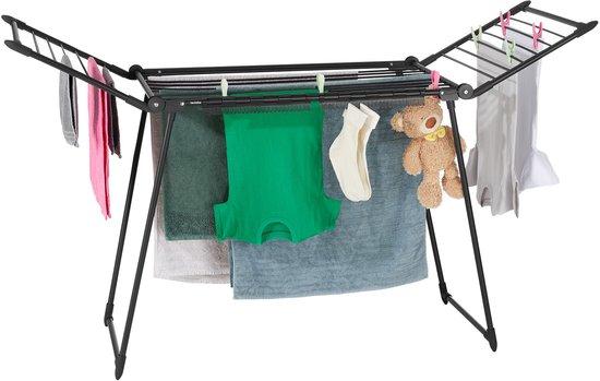 tectake® Séchoir à linge - Séchoir à linge - Longueur de séchage : 18 mètres - Pliable - Sur pied - Séchoirs à linge avec 2 supports pour le petit linge - Ailes latérales hautes pour les vêtements longs - Noir