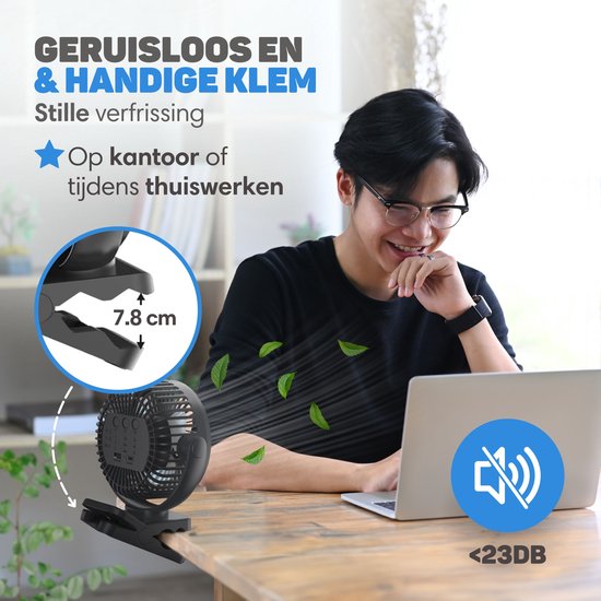 Vulpes Goods® Tech - Mini ventilateur USB PRO - Ventilateur de table rechargeable - Mini ventilateur silencieux avec télécommande - Ventilateur de poche - Petit, silencieux et sans bruit - 3 vitesses et éclairage - 12000 mAh et fonction Powerbank - Noir P