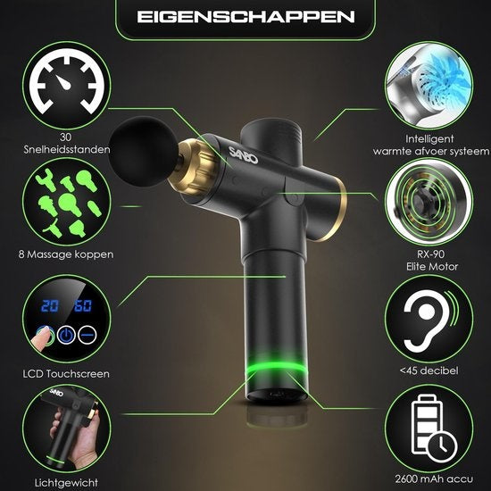 Sanbo Massage gun Elite - Massage sportif et relaxant - Noir/Or - Professionnel 30 étapes - Avec étui - Avec APP - Pistolet de massage - Appareil de massage - Fitness