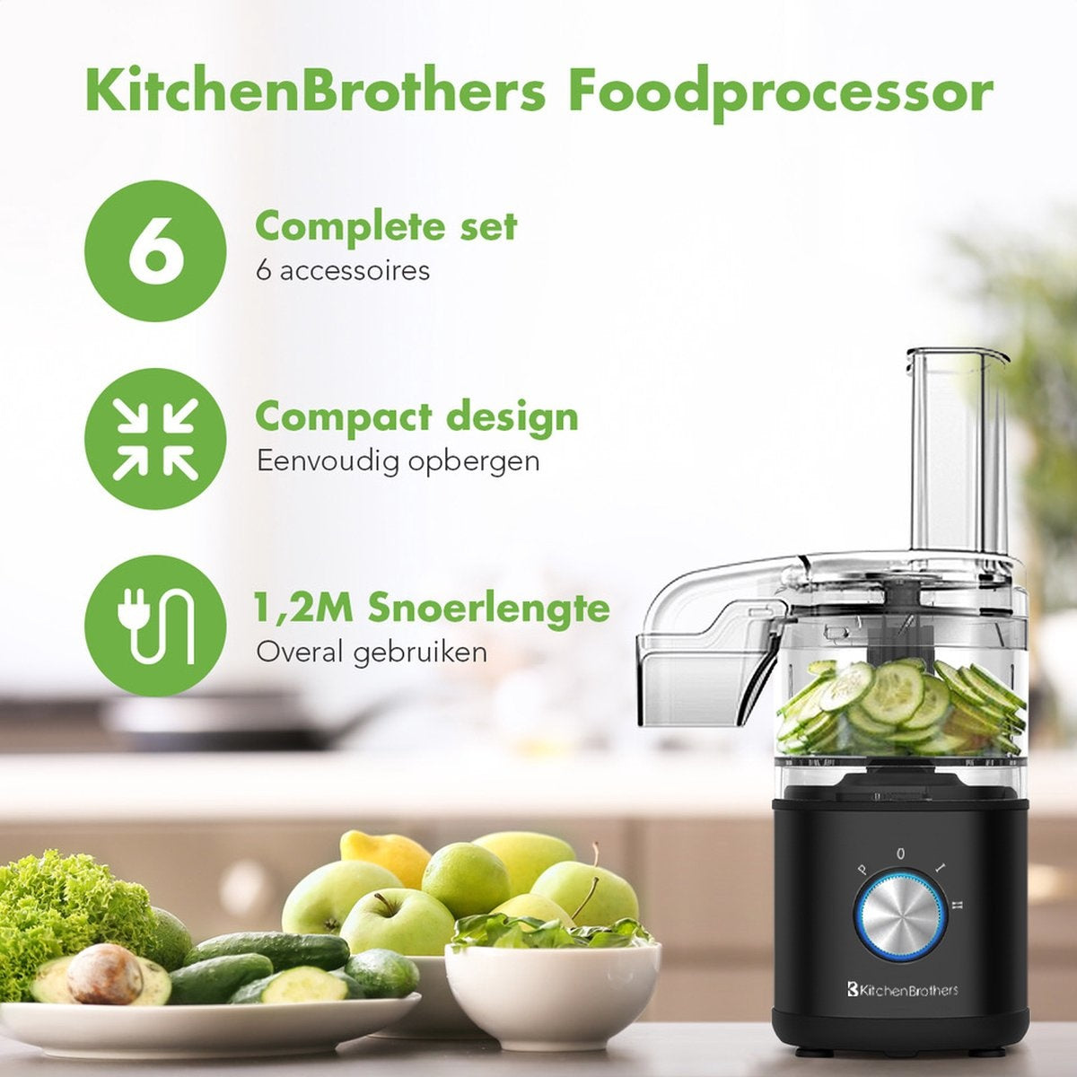 Robot de cuisine - KitchenBrothers - 4 en 1 - Mixeur - Hachoir - Coupes légumes - Moulin à café et épices - Noir
