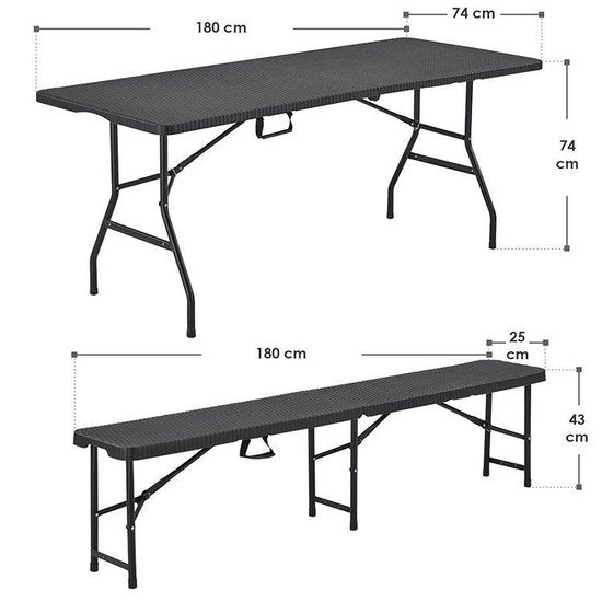Table à bière / banc à bière / set à bière - Plastique / Rotin - 3 pièces - Noir
