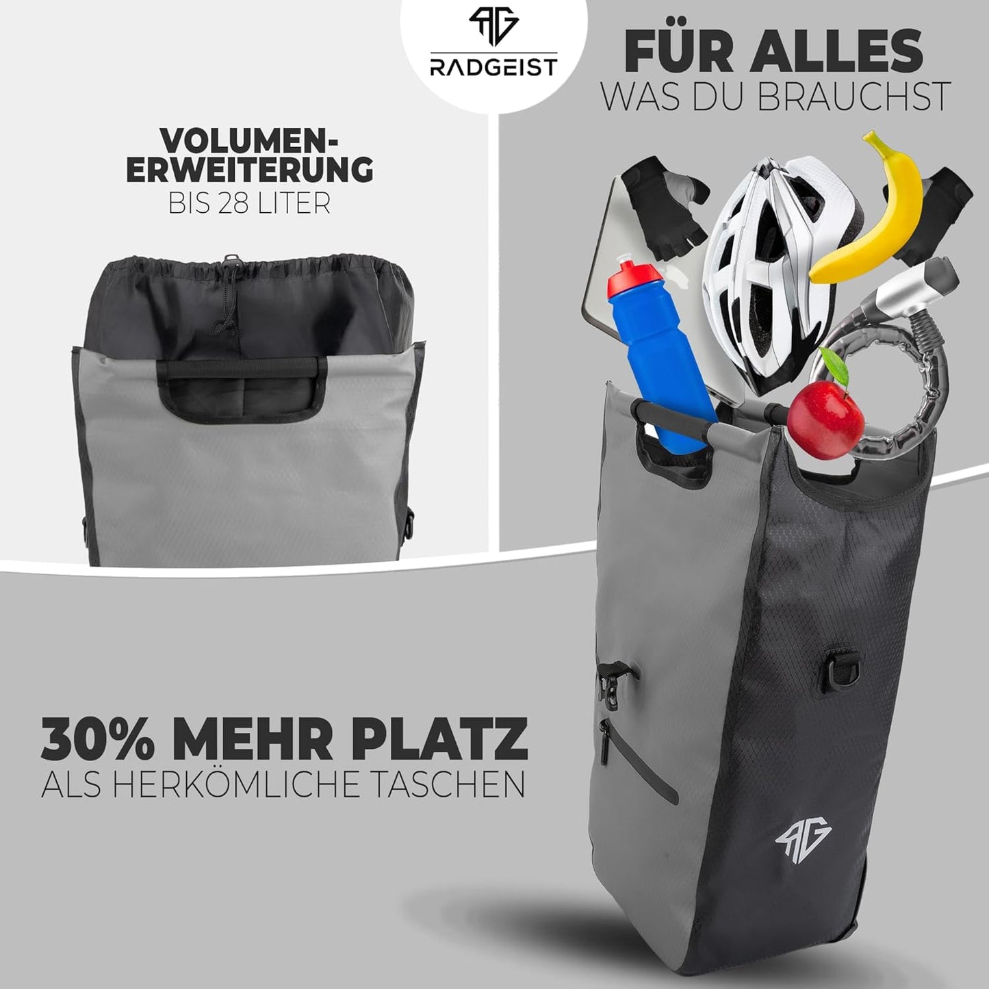 RADGEIST sacoche vélo pour porteur I sacoche vélo shopper I sacoche vélo messager & fourre-tout 22-28 litres