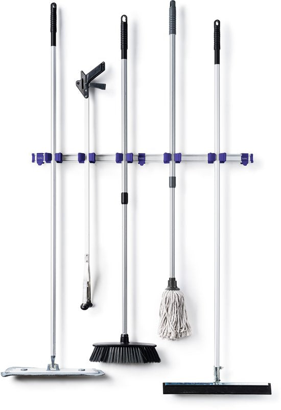 Support pour balais et système de rangement pour outils de jardin Toolflex - Convient aux outils de Ø 15 à 35 mm - Rail en aluminium - 94 cm - Comprend 5 supports pour outils et le matériel de montage - Violet