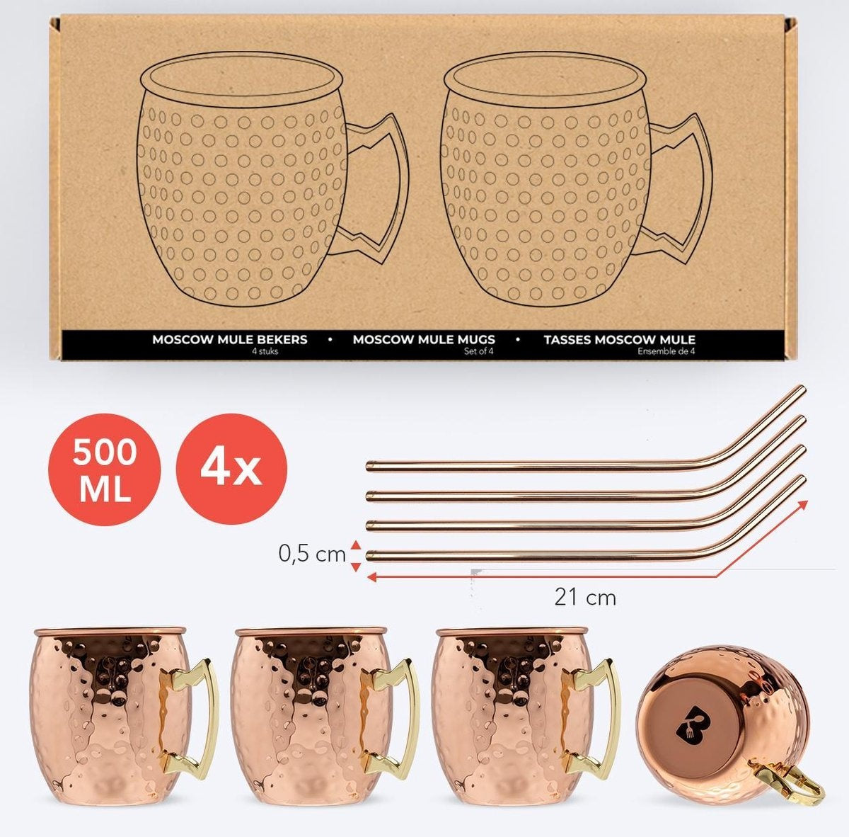KitchenBrothers Moscow Mule Cups - Verres à cocktail avec pailles - 4 pièces - cuivré - 500ML