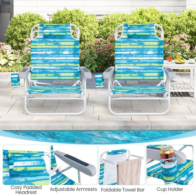 Chaises de plage pliantes Coast 62 x 54 x 80 cm - Lot de 2 - 5 positions - Porte-gobelet - Vert