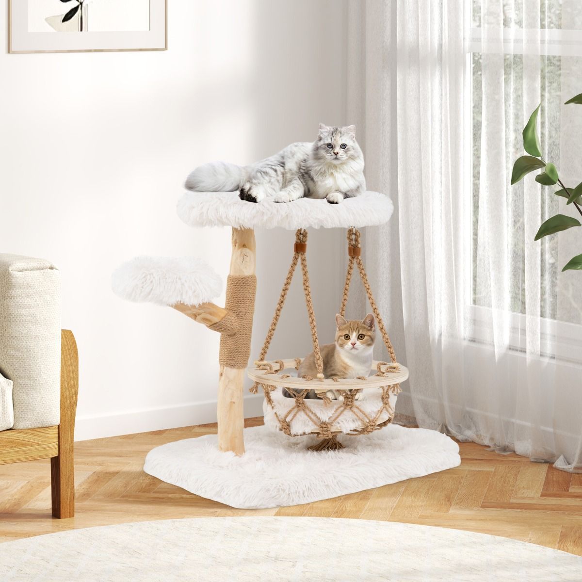 Arbre à chat Coast - Bois massif avec berceau suspendu et sisal - Naturel et blanc - 64 x 44 x 66 cm