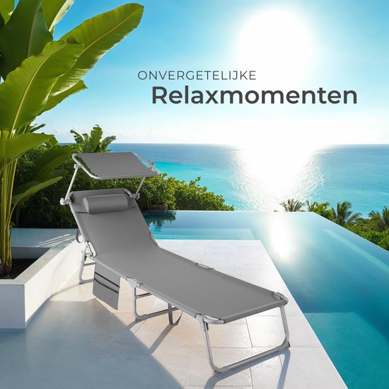 tectake® - bain de soleil bain de soleil - 4 positions, pliable - gris - 68 x 190 x 28 cm, avec poche latérale