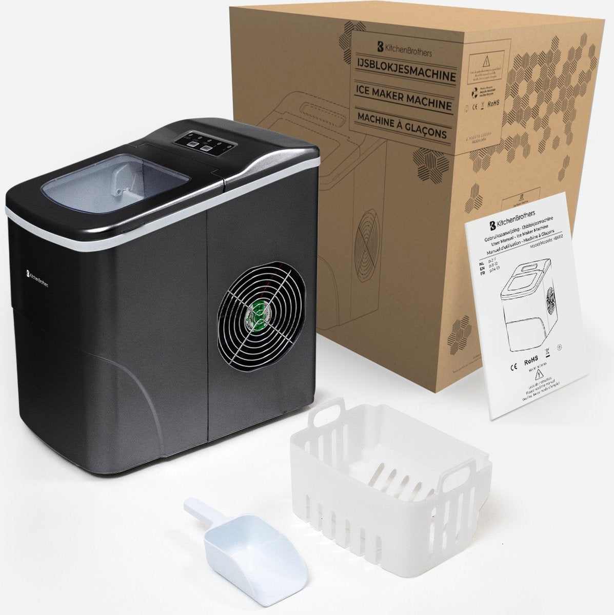 KitchenBrothers Machine à glaçons compacte et silencieuse - 2 litres - avec pelle à glace - Noire