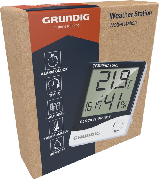 Station météo numérique Grundig - Thermomètre intérieur et extérieur avec hygromètre - Station météo intérieure et extérieure avec horloge et alarme - Affichage LCD - 9,5 x 10,5 x 2 cm - Blanc/Noir