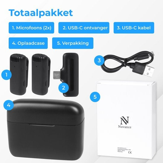 Nuvance - Microphone sans fil - 2 pièces avec étui de chargement - Microphone Tie Pin - Usb C - Microphone Lavelier - Plug & Play